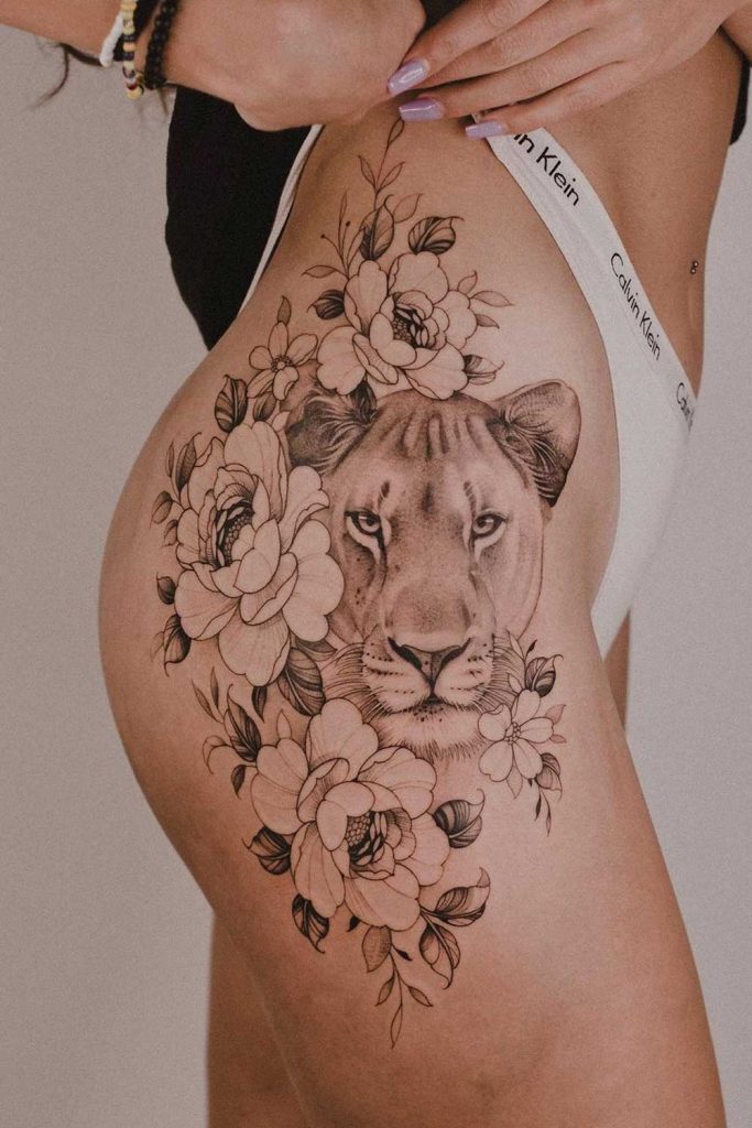 Floral Lioness Side Tattoo