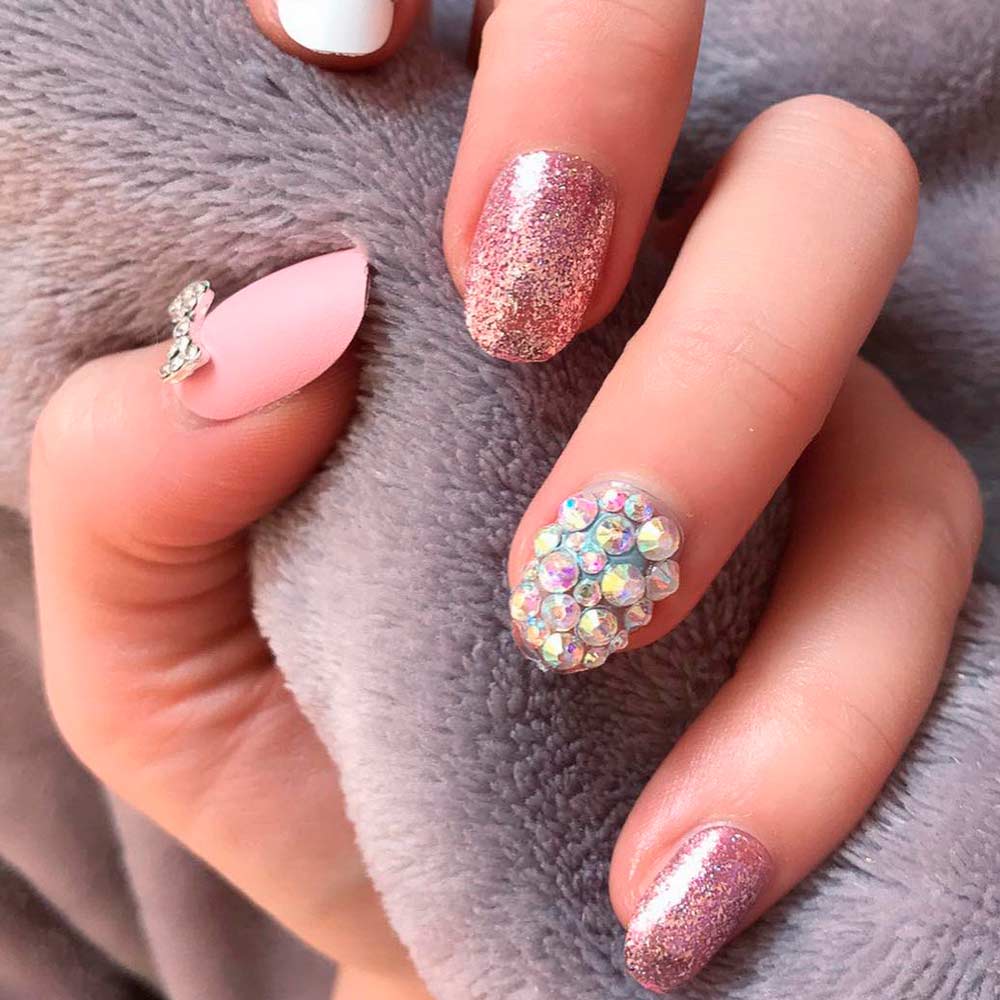 Rose Gold Nails With Rhinestones For Real Socialites