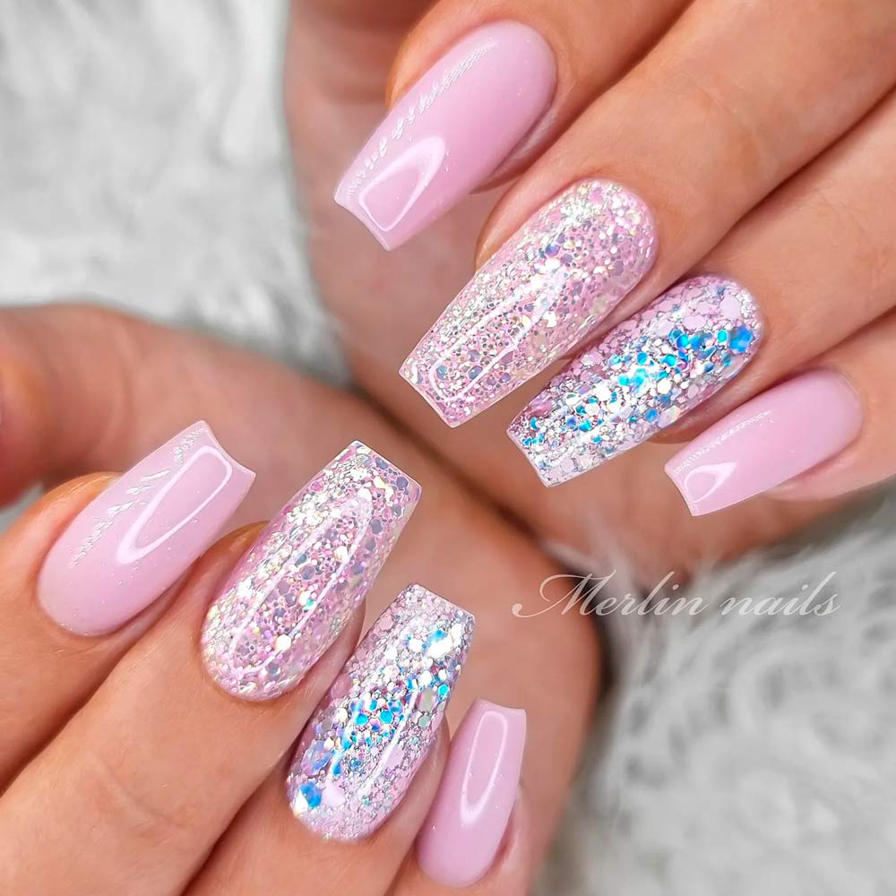Rose Gold Nails With Diamond-Sparkling Glitter Accent