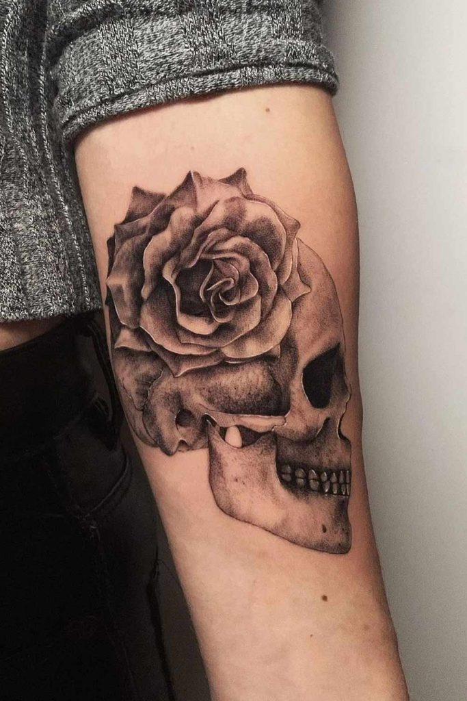 Black and White Skull with Rose Tattoo
