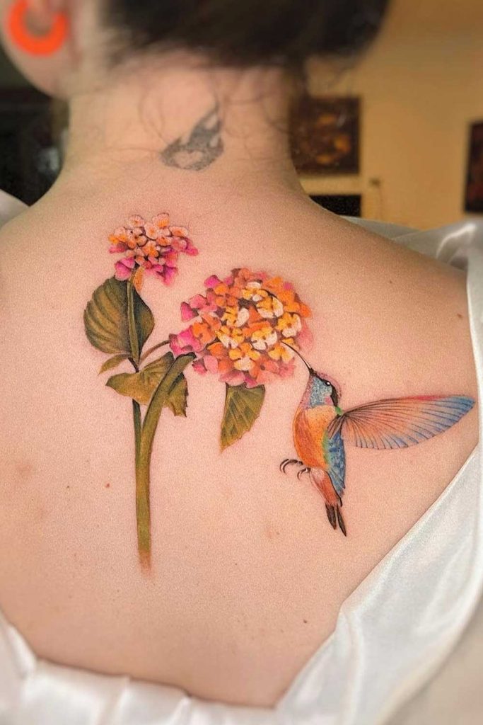 Hummingbird Tattoo Design with Lantanas Flowers