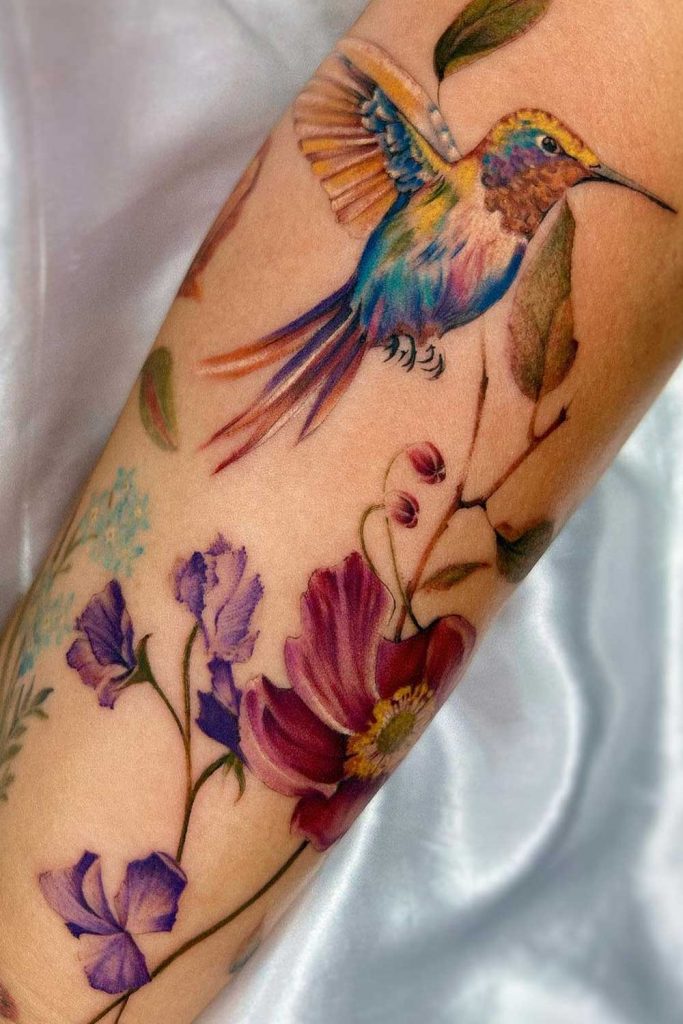Hummingbird Tattoo with Flowers