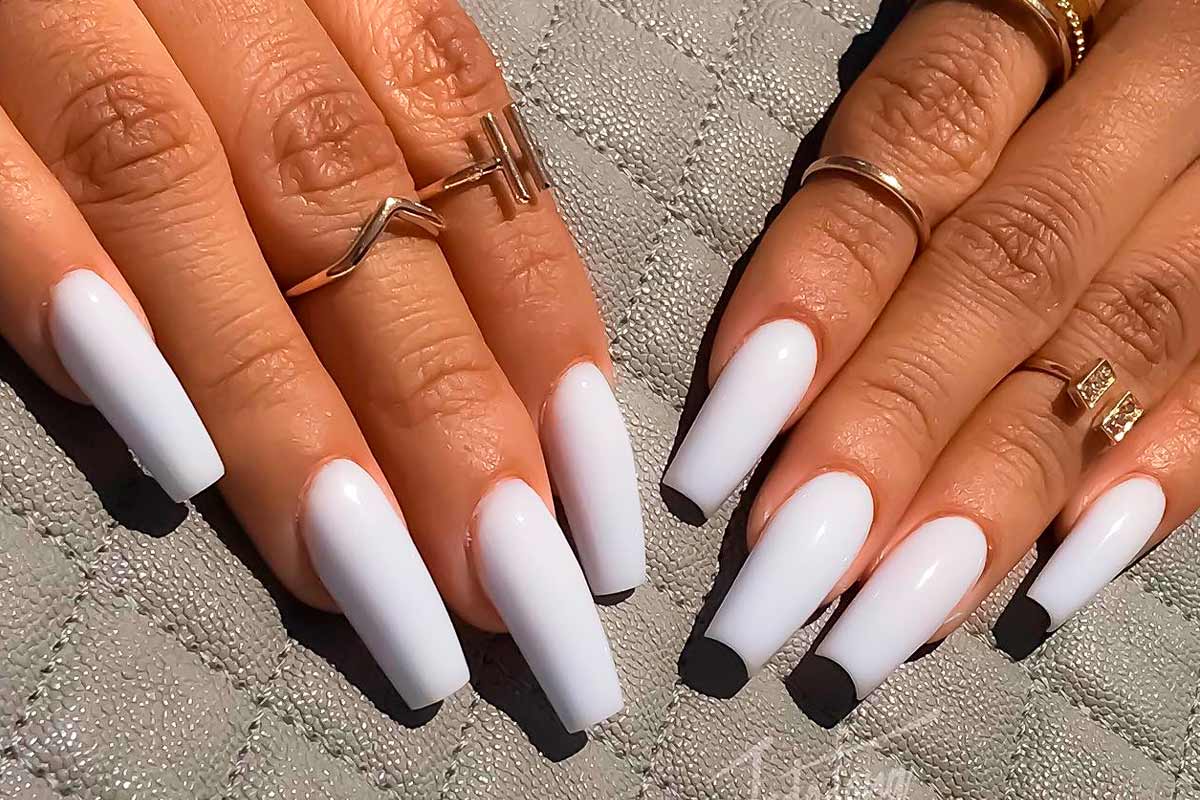 White acrylic nails coffin with design discount