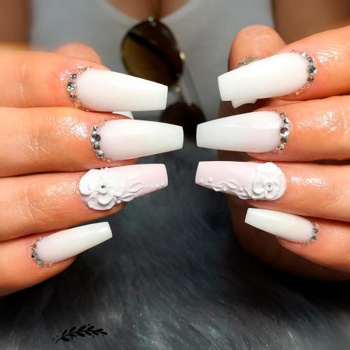 Long White Coffin Nails With 3D Flowers