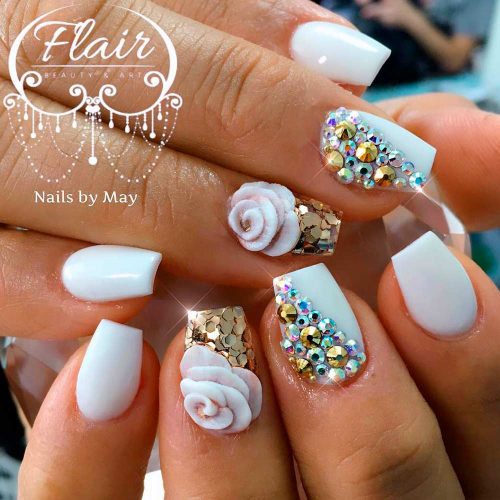 Long White Coffin Nails With 3D Flowers