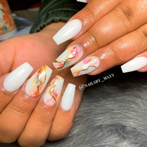 White Coffin Nails With Colorful Marble Art