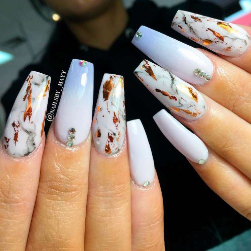 White Coffin Nails Styled with Golden Foil