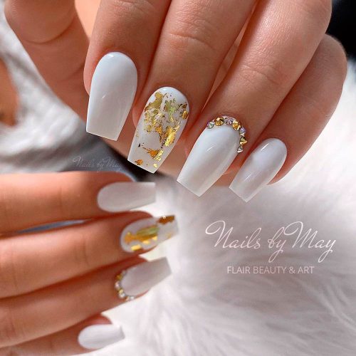 White Coffin Nails Styled with Golden Foil