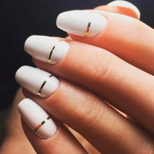 White Coffin Nails With Golden Stripes