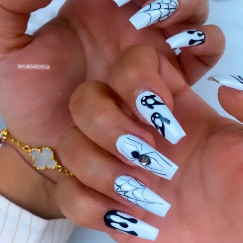 Halloween-Styled White Coffin Nails