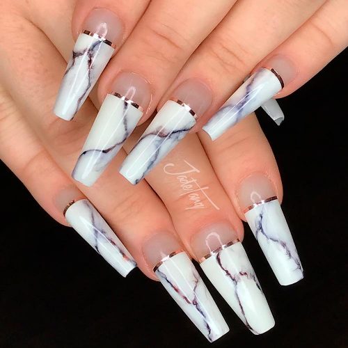 Nude and White Coffin Nails With A Marble Stone Design