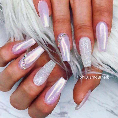 White And Pink Nails With Glitter Accent