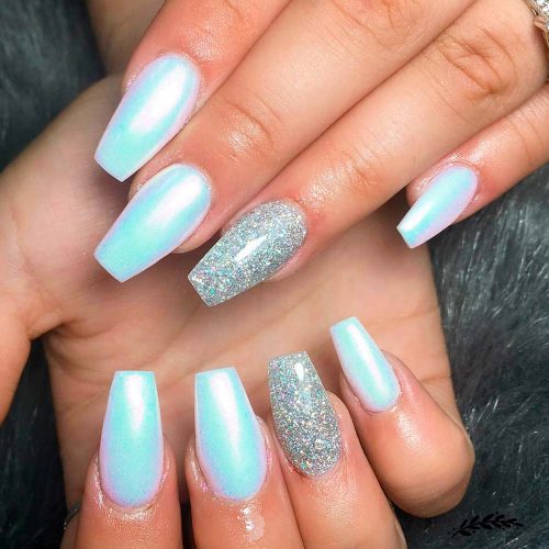 >White-Blue Coffin Nails With Glitter Accent