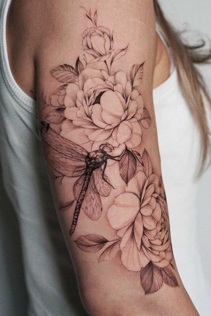 Realistic Dragonfly with Peonies