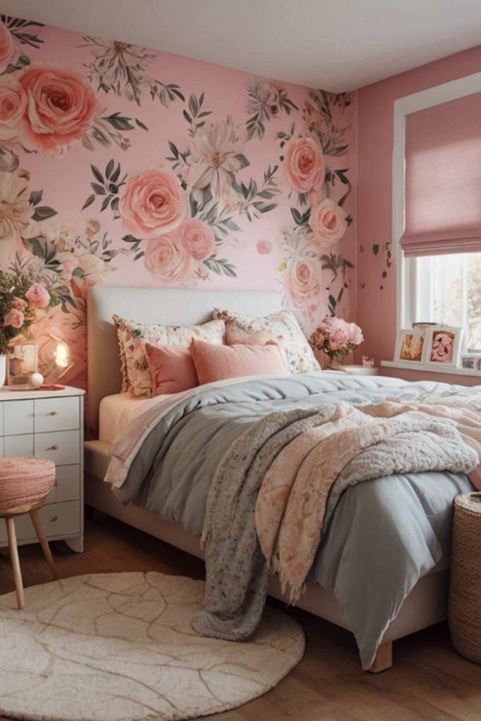 Floral Walls Pink Bedroom for Teen Girl