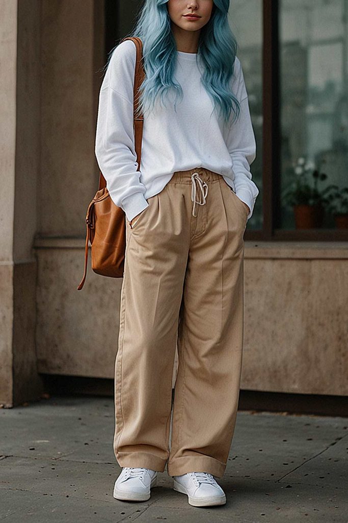 Beige Pants with White Sweatshirt