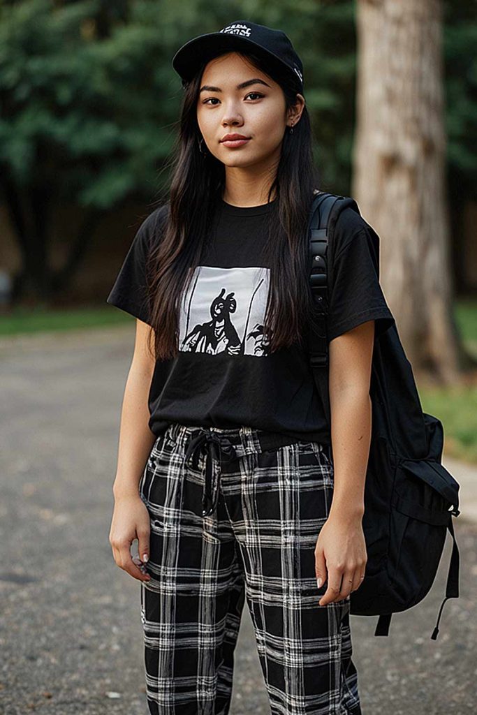 Plaid Pants and Printed T-Shirt