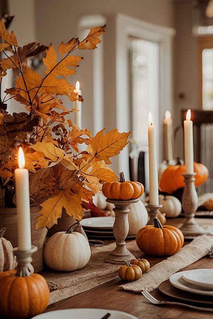 Dinner Table with Candles and Fall Leaves