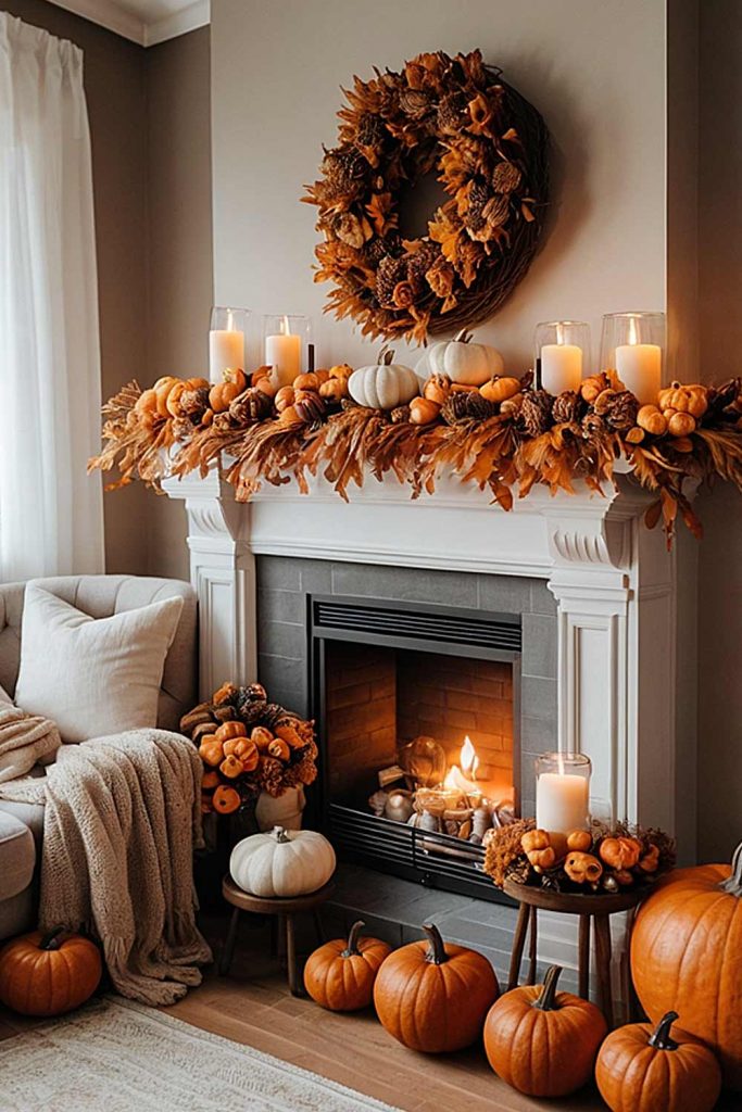 Fireplace with Fall Decorations