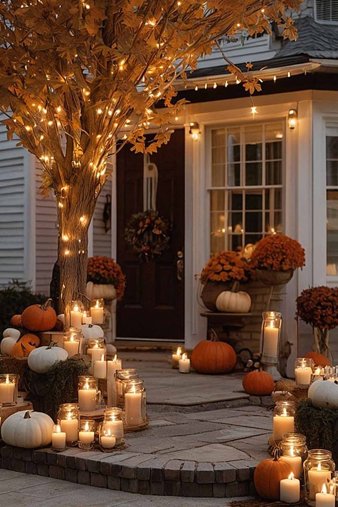 Fall Yard Decoration with String Lights and Candles