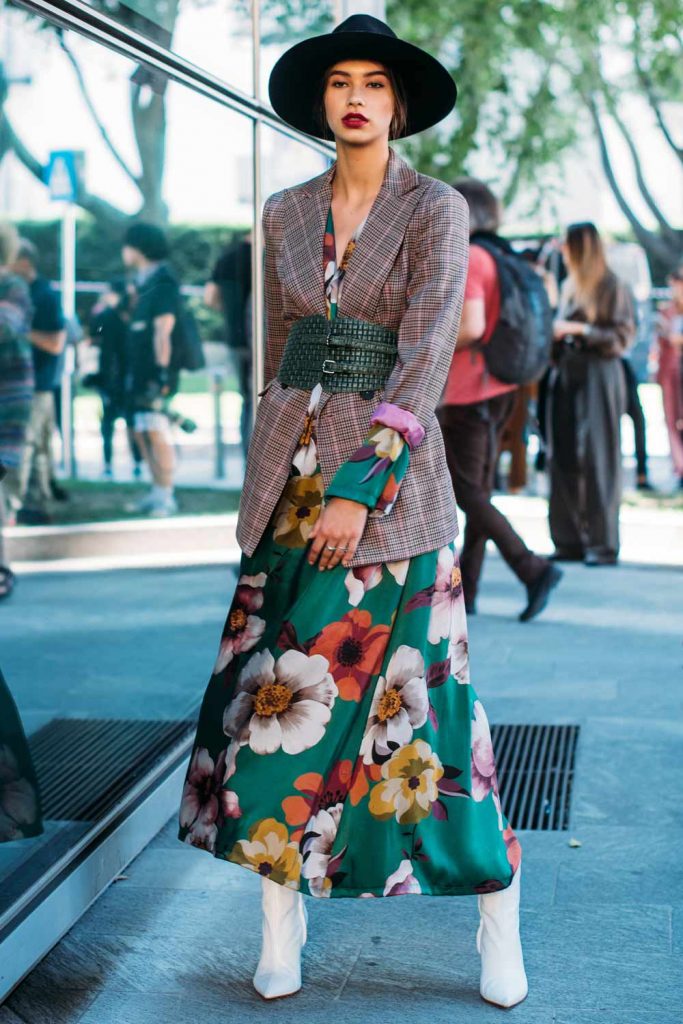 Floral Skirt with Belted Blazer