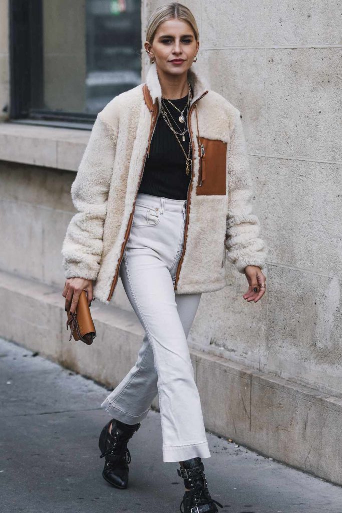 Fur Jacket with White Jeans