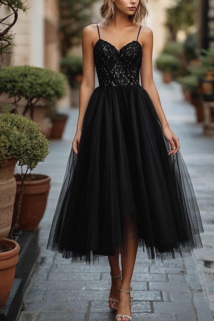 Black Spaghetti Strap Dress with Sweetheart Neck