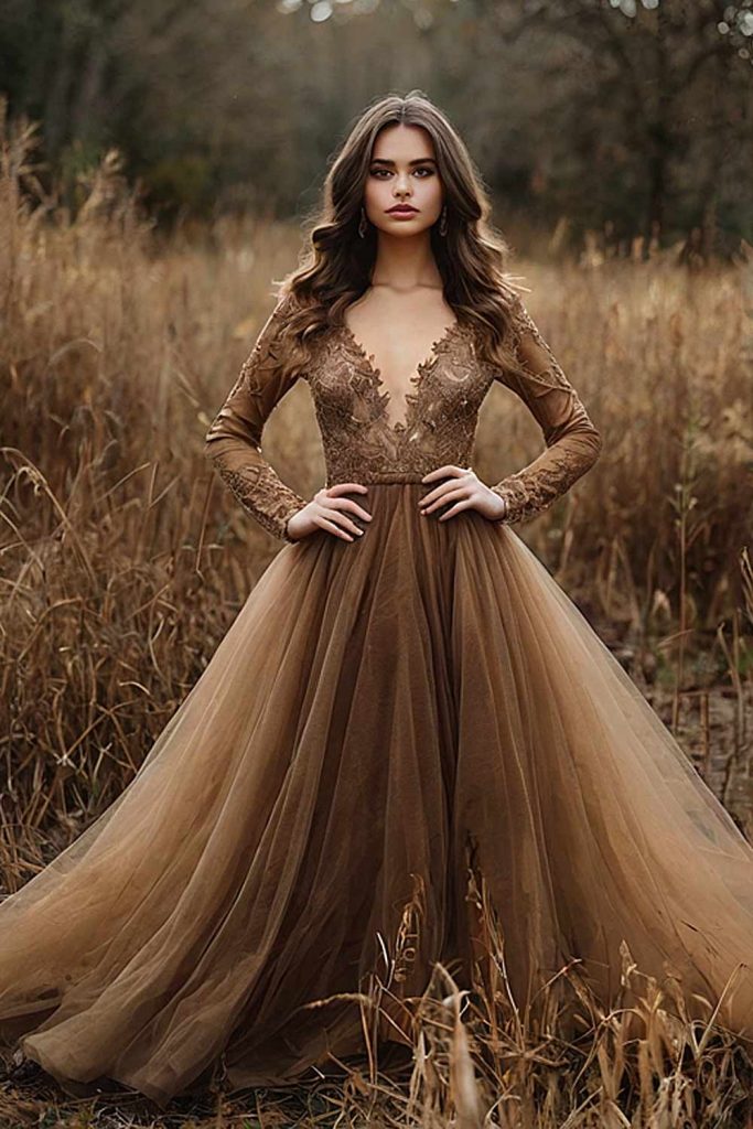 Brown Long Sleeve V-Neck Tulle Dress