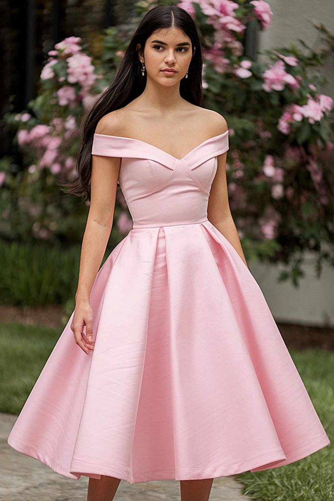 Pink A-Line Off The Shoulder Tea-Length Dresses