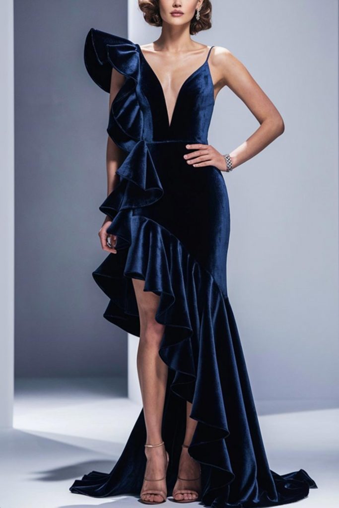 Velvet Asymmetrical Ruffle Dress in Navy Color