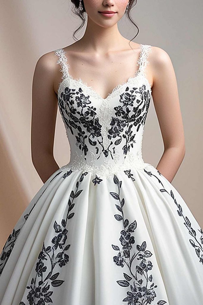 White Homecoming Gown with Black Floral Pattern