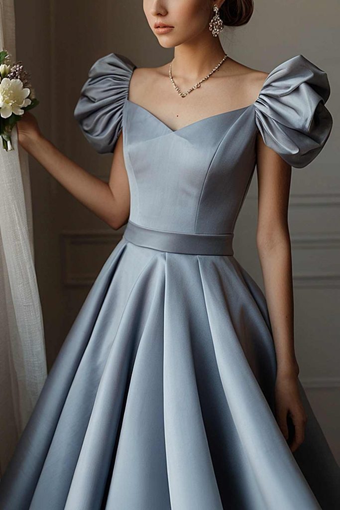 Simple Blue Dress with Puff Sleeves