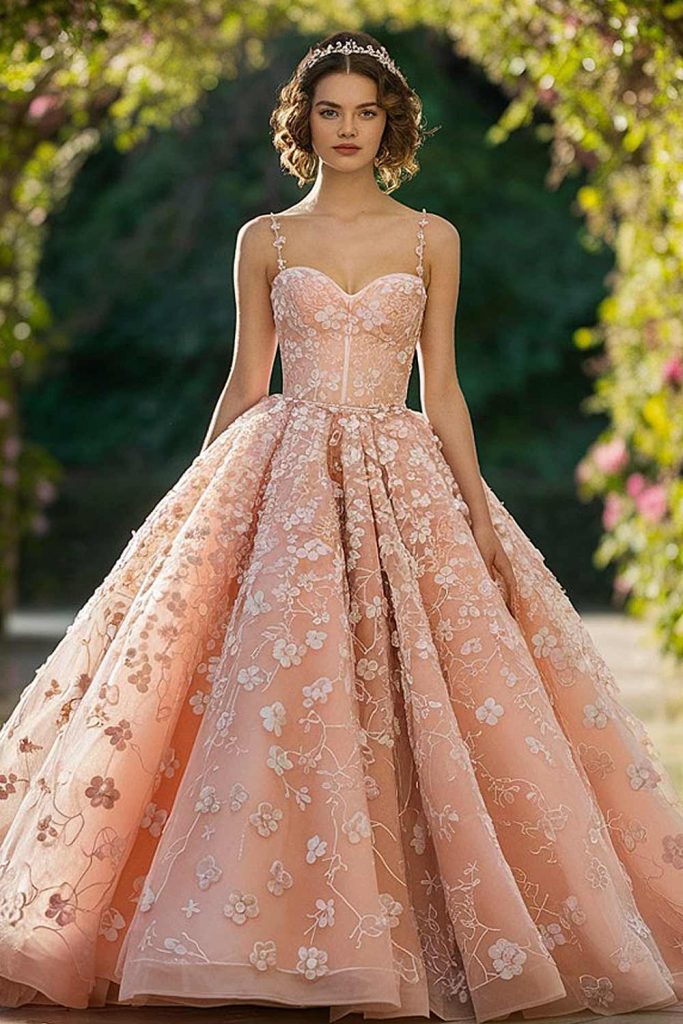 Long Peach Gown with Flowers