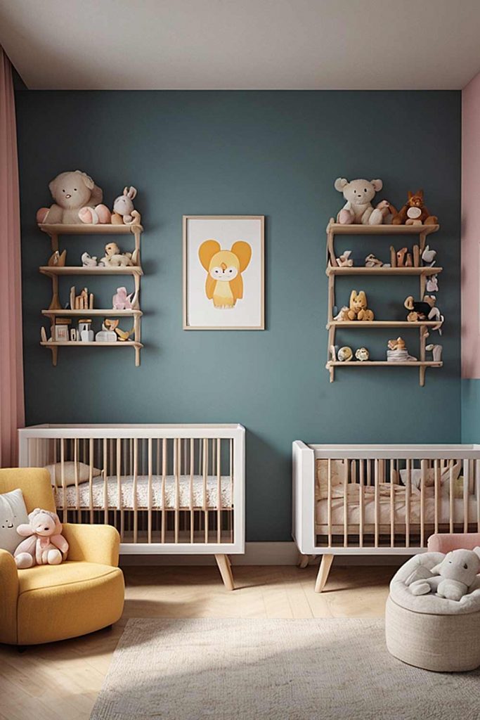 Nursery for Twins with Shelves 