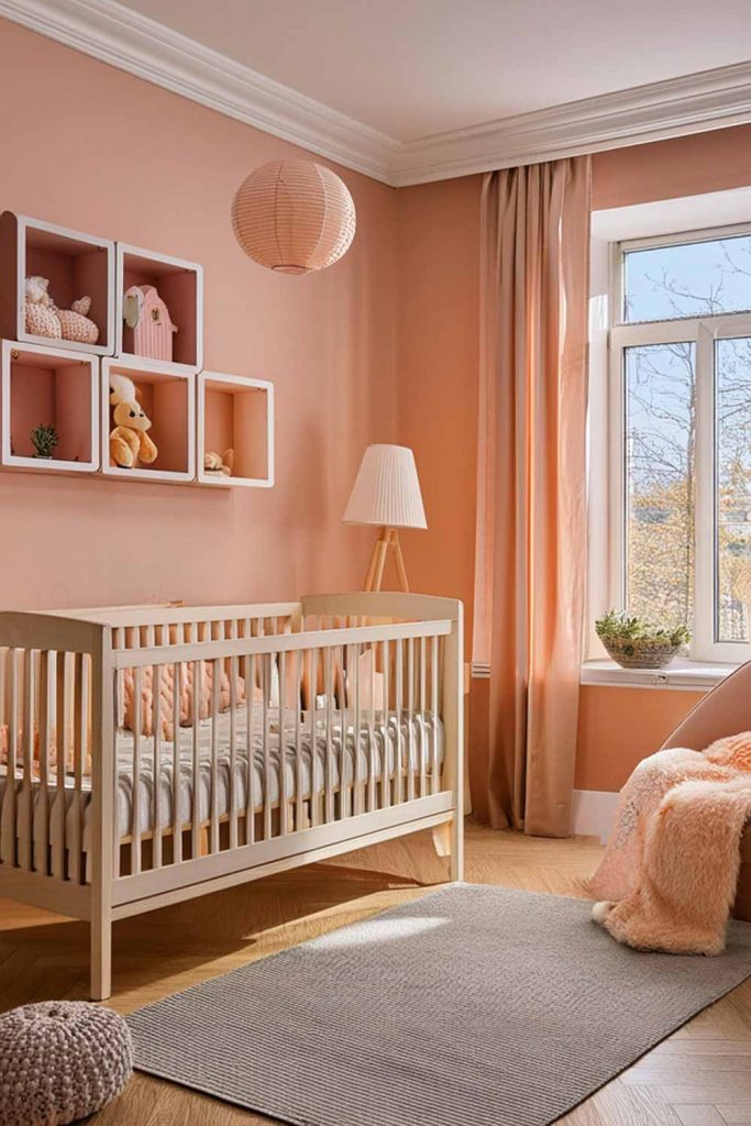 Peach Colored Nursery with Square Shelves