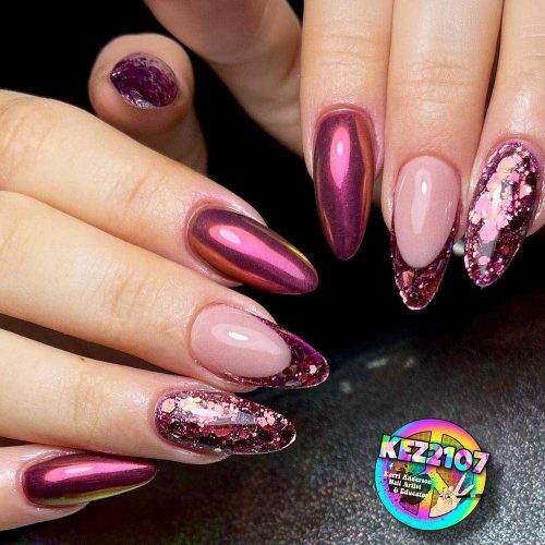 Glossy Burgundy Nails With Sequins