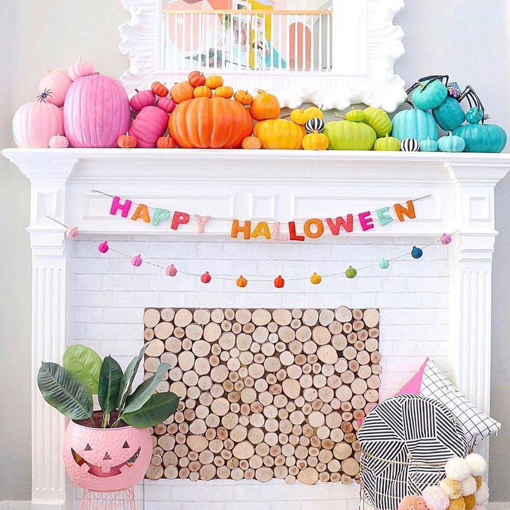 Fireplace Decoration with Colorful Pumpkins