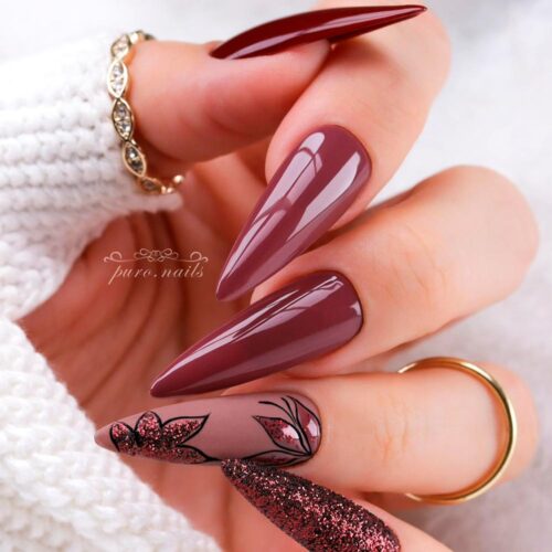 Flowers and Leaves Designs For Mauve Nails