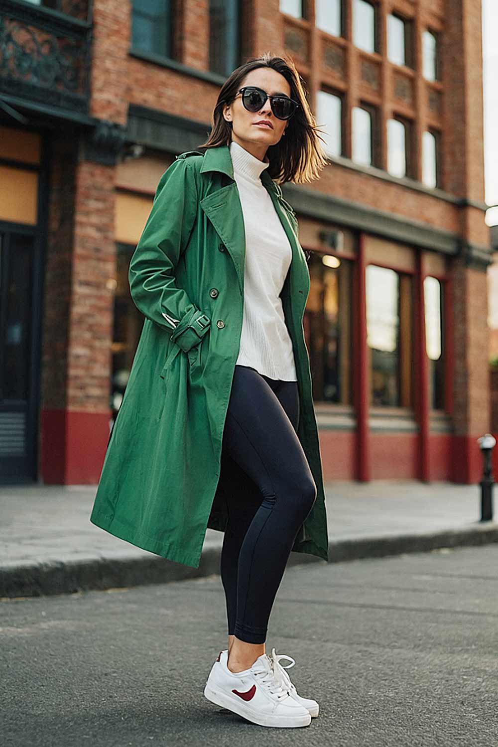 Trench coat with leggings airport outfit