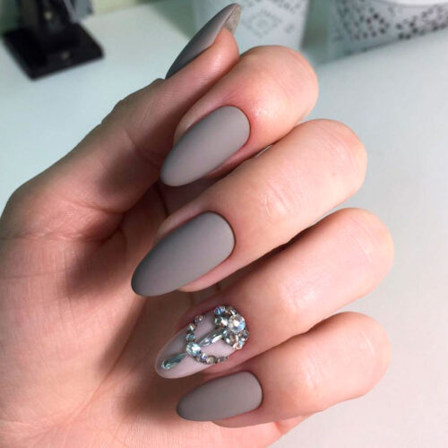 Grey Nails With Rhinestones