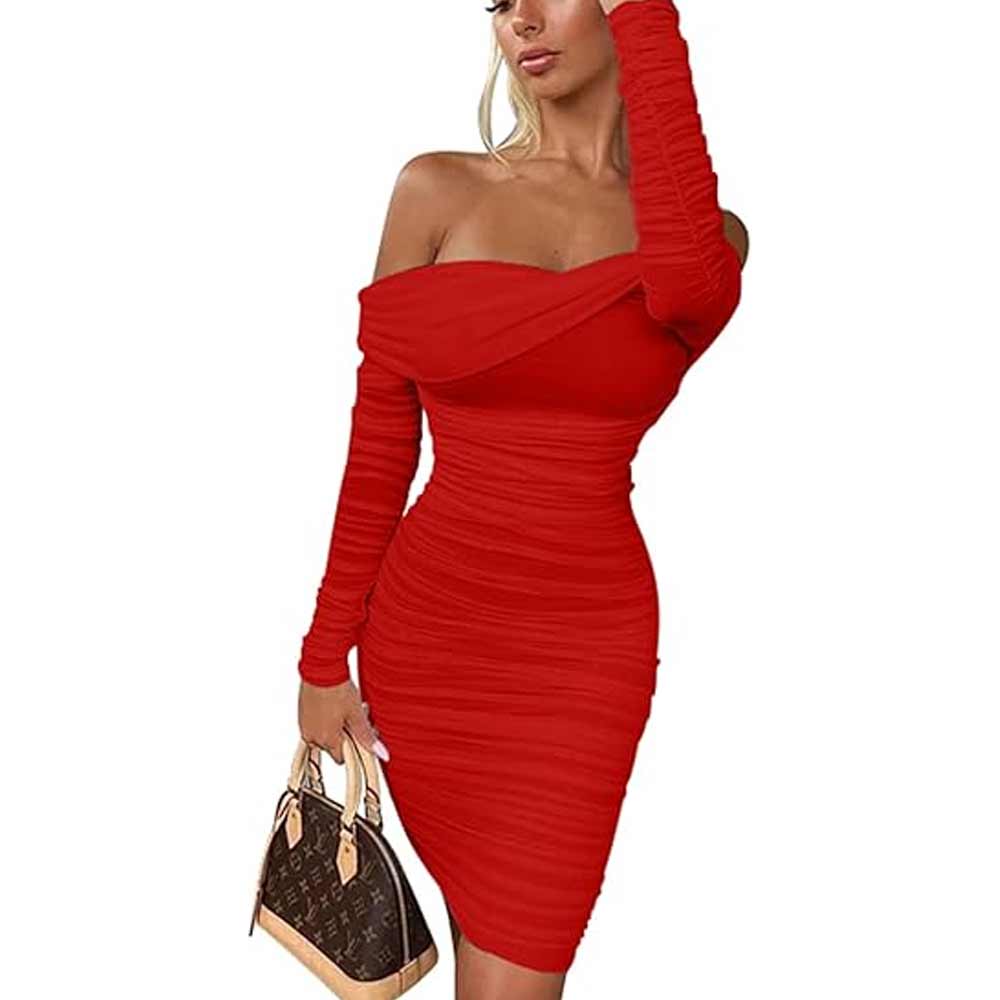 Elegant Ruffle Long Sleeve Off Shoulder Dress