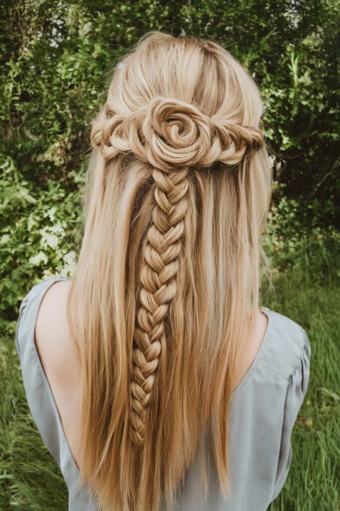 Simple Half-Updo Hairstyle with Rose Accent