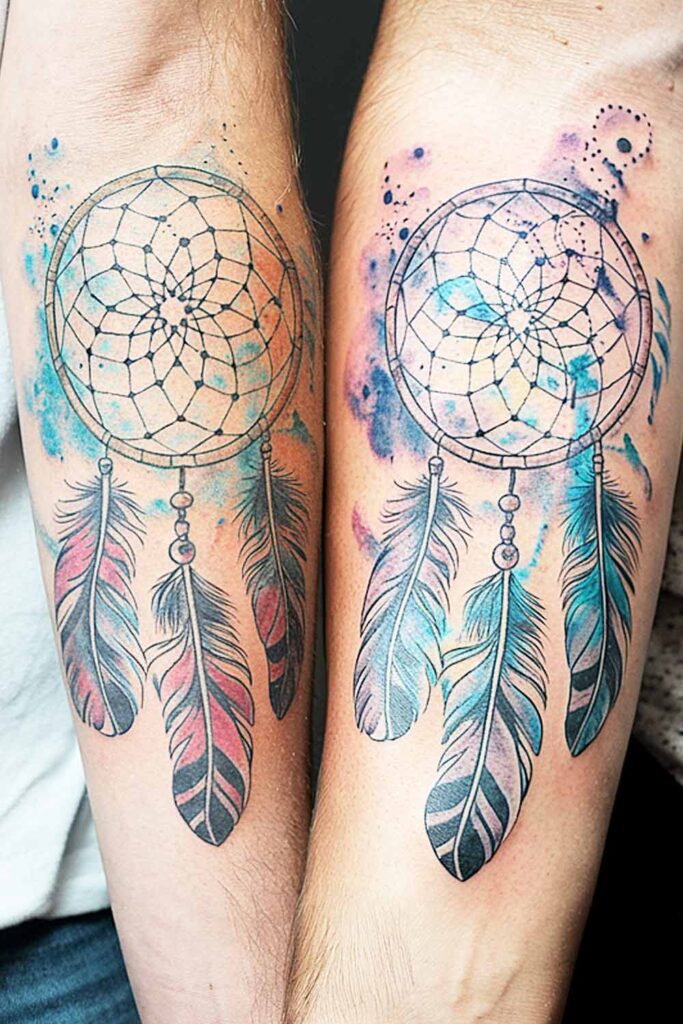 Watercolor Dream Catcher Tattoos for Couple