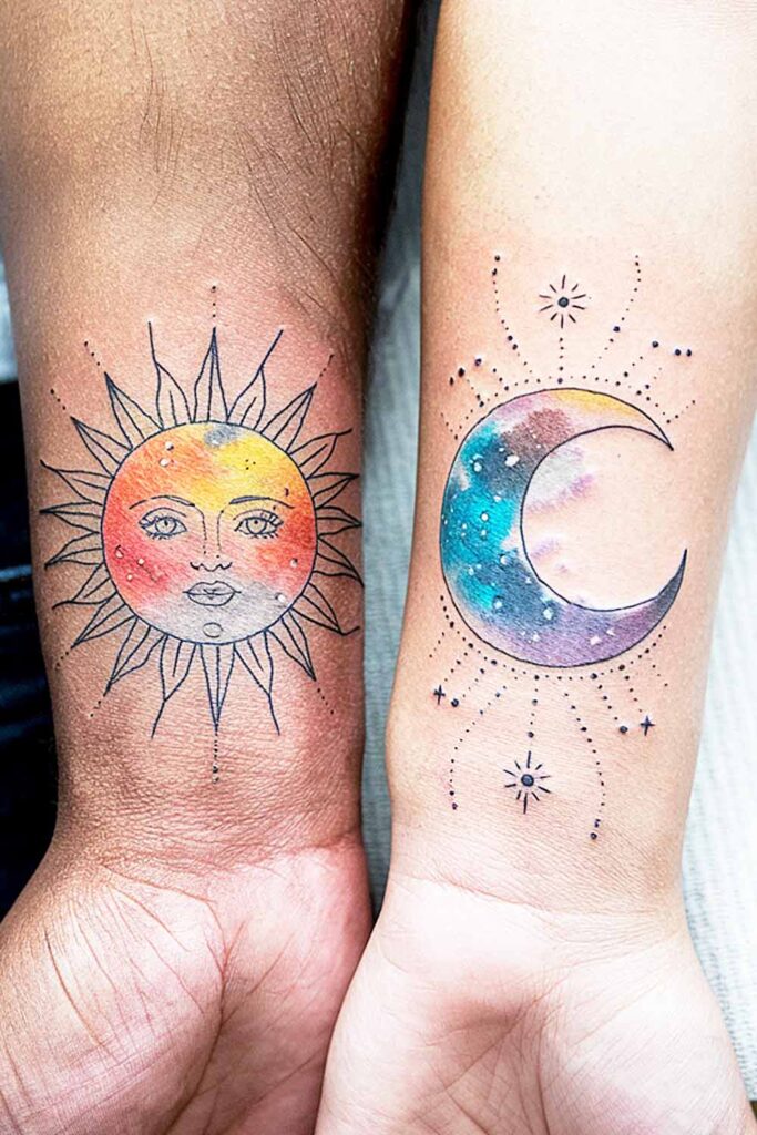 The Sun and The Moon Watercolor Couple Tattoos