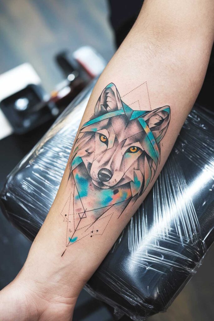 Forearm Wolf Tattoo with Watercolor Elements