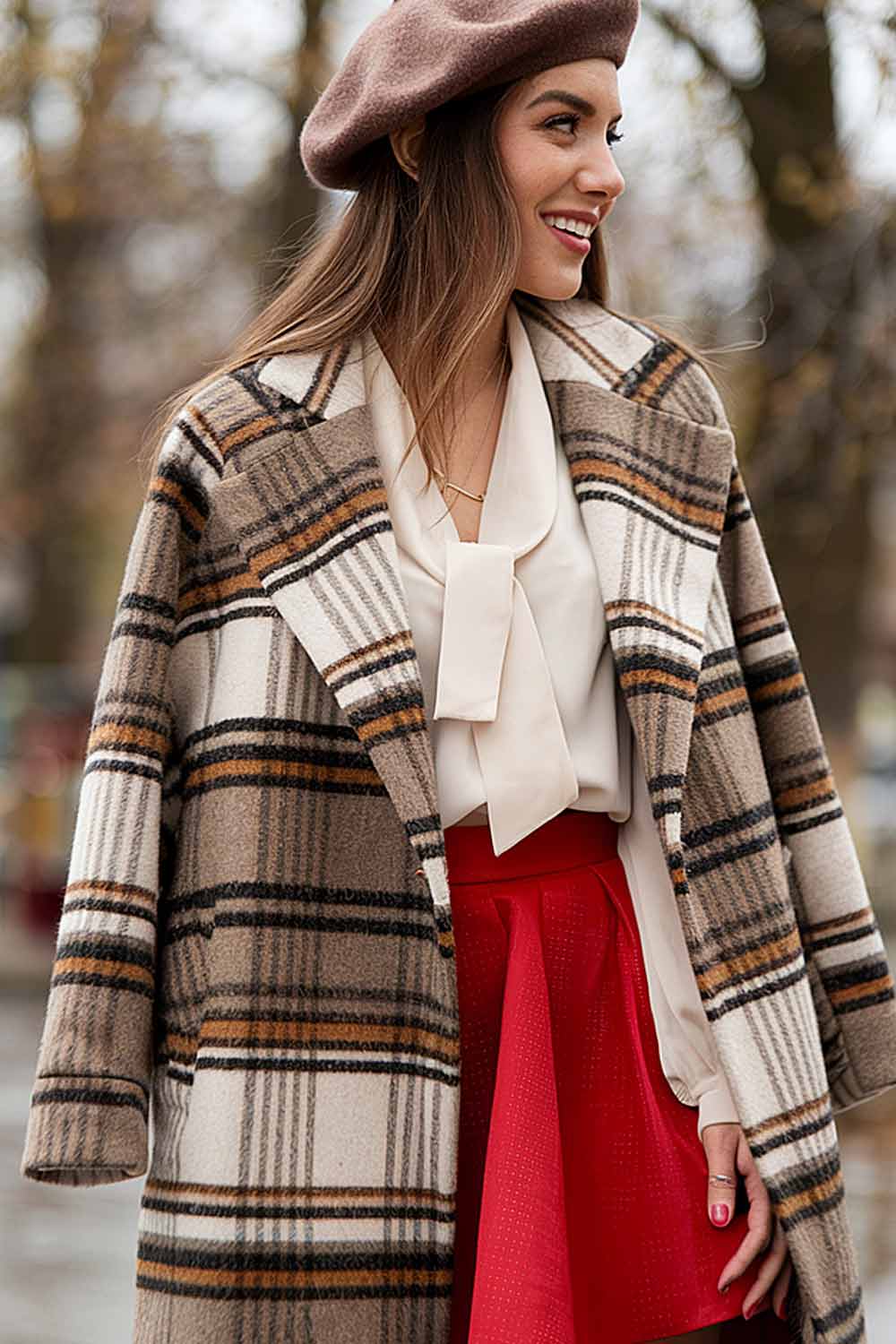 Plaid Coat with Red Skirt Outfits