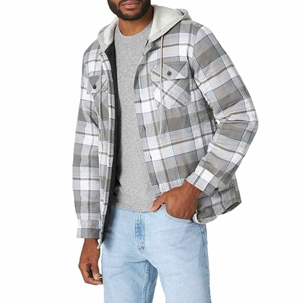 Men's Long Sleeve Quilted Lined Flannel Shirt Jacket with Hood