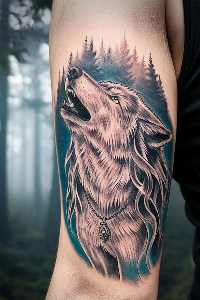 Wolf with Watercolor Forest