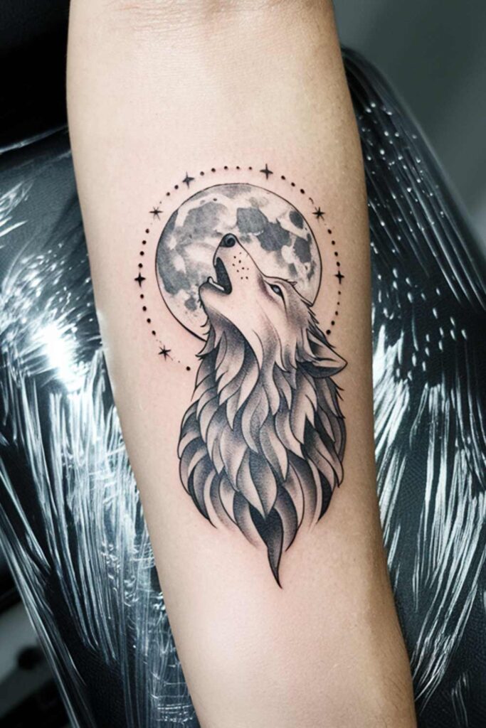 Wolf with Moon Tattoo