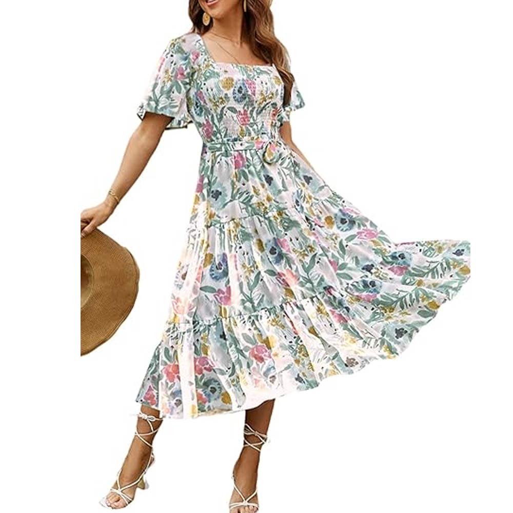 Flowy Square Neck Floral Dress